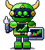 The STOKDEX agent: a friendly green robot trader with a bull-horn visor, holding a tablet with a candlestick chart